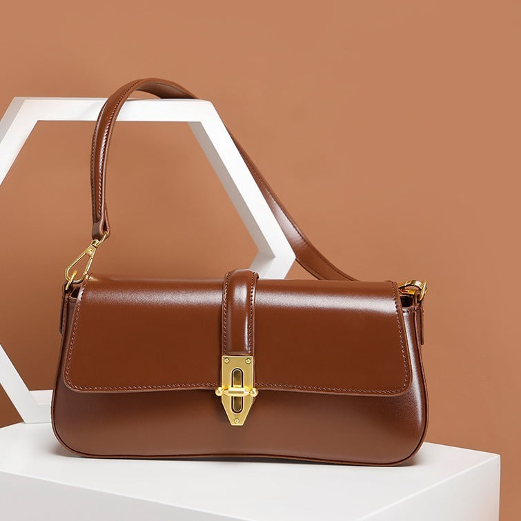 Baguette Shoulder Leather Bag with Twist Lock
