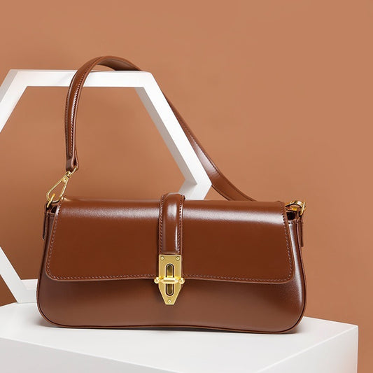 Baguette Shoulder Leather Bag with Twist Lock
