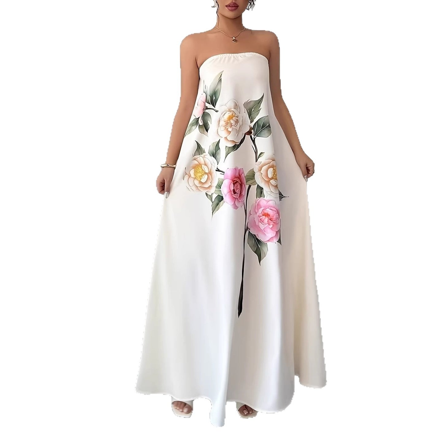 White Floral Strapless Maxi Dress