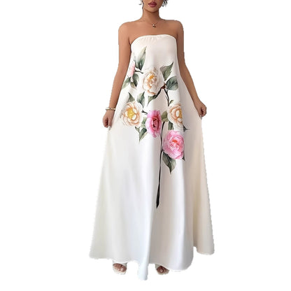 White Floral Strapless Maxi Dress