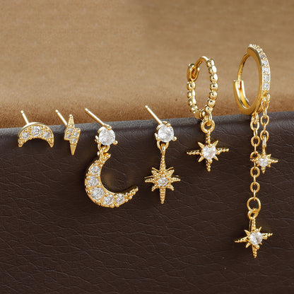 Celestial Chain Tassel, Zircon Stud, and Eardrop Earrings Set