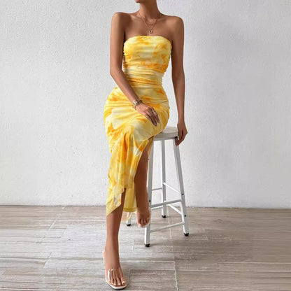 Mesh Overlay Strapless Bodycon Maxi Dress