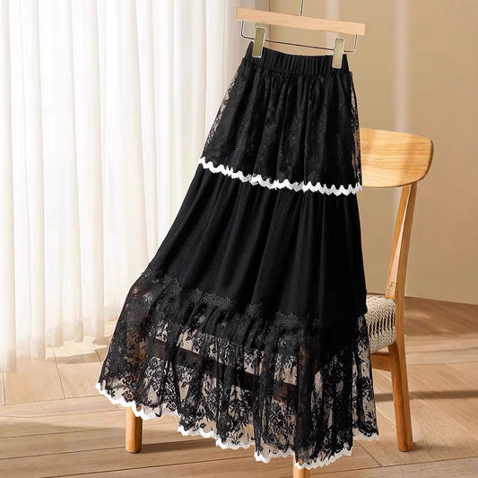 Tiered Lace Trim Midi Skirt