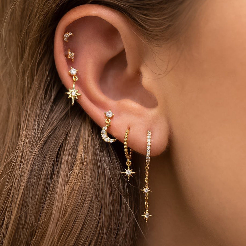 Celestial Chain Tassel, Zircon Stud, and Eardrop Earrings Set