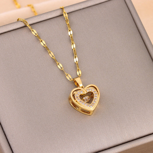 Love Necklace with Double-layer Pendant and Rhinestones