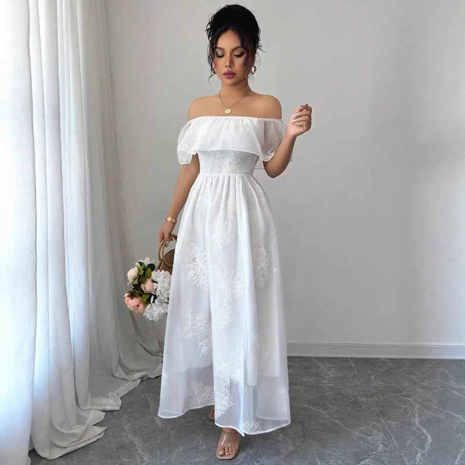French Ruffled Off-Shoulder Maxi Dress - White