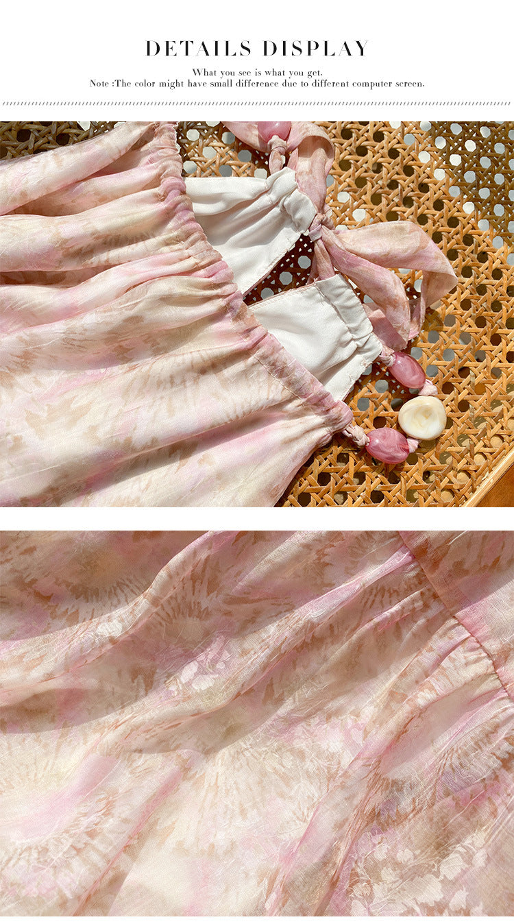 Textured Chiffon Spaghetti Strap Dress - Light Pink