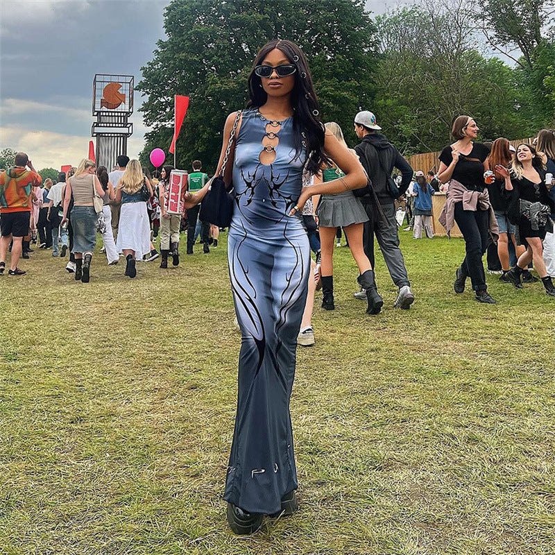 3D Digital Print Sleeveless Bodycon Maxi Dress - Gray