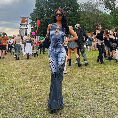 3D Digital Print Sleeveless Bodycon Maxi Dress - Gray