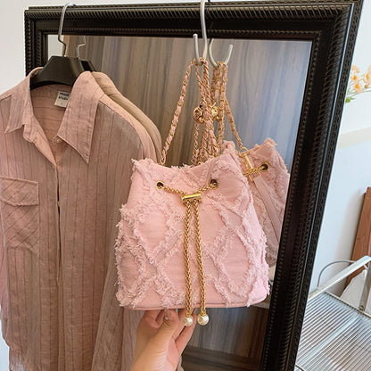 Soft Denim Bucket Bag with Chain Strap - Crossbody