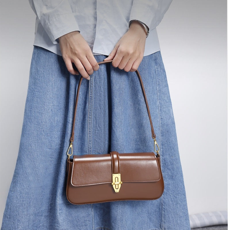Baguette Shoulder Leather Bag with Twist Lock
