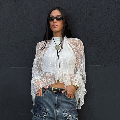 White Floral Lace High Neck Blouse