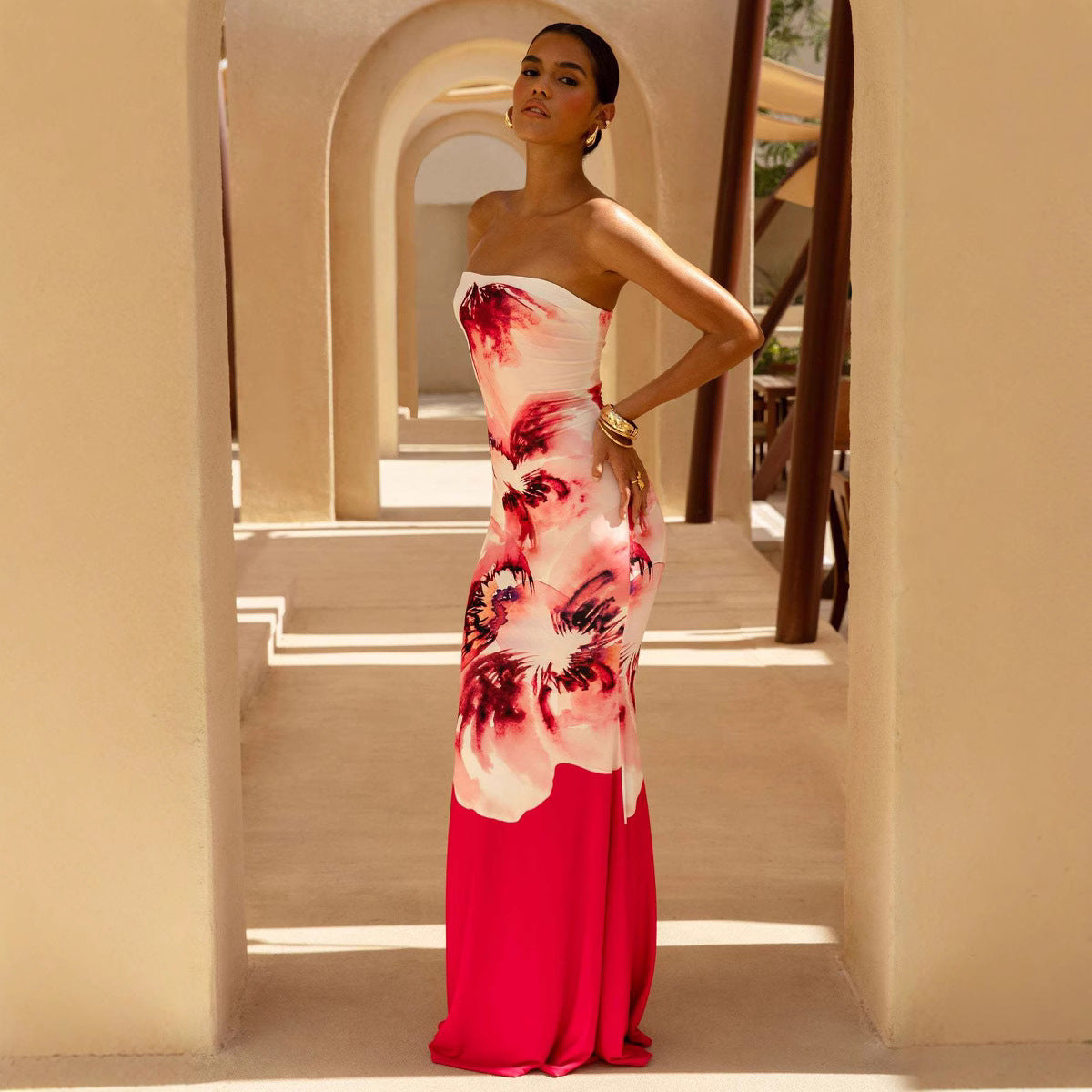 Floral Strapless Bodycon Maxi Dress