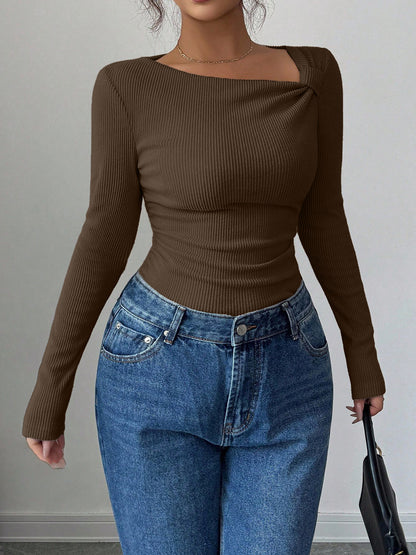 Pleated Asymmetric Hem Long Sleeve Top