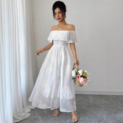 French Ruffled Off-Shoulder Maxi Dress - White