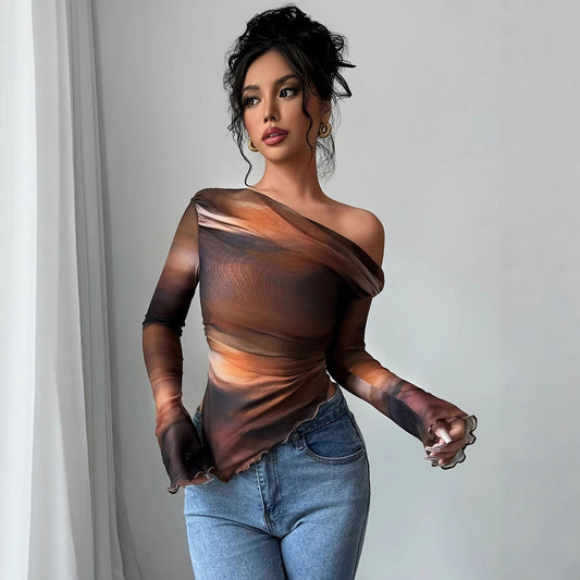 Tie-Dye Print Asymmetric Long Sleeve Top