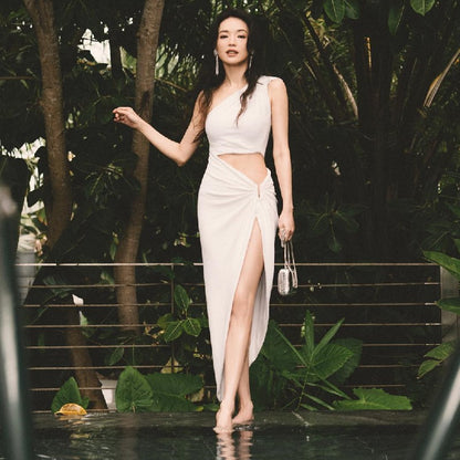 Off-Shoulder Asymmetric Maxi Dress - White