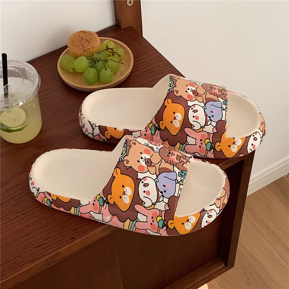 Cartoon Animal Print Slippers - Thick Sole