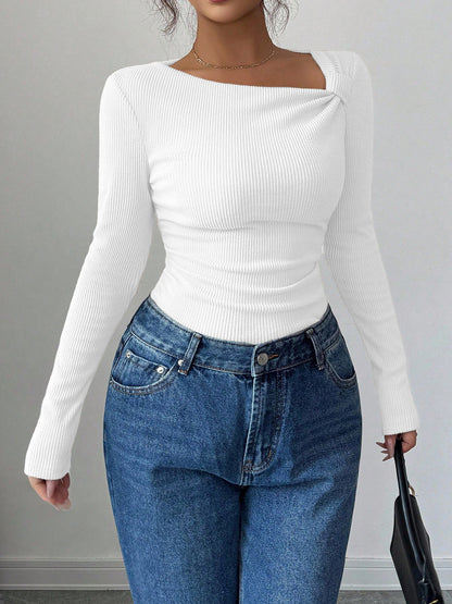 Pleated Asymmetric Hem Long Sleeve Top