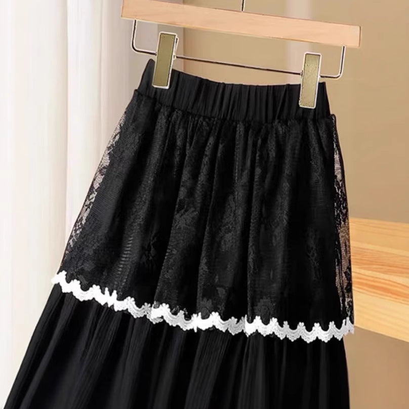 Tiered Lace Trim Midi Skirt