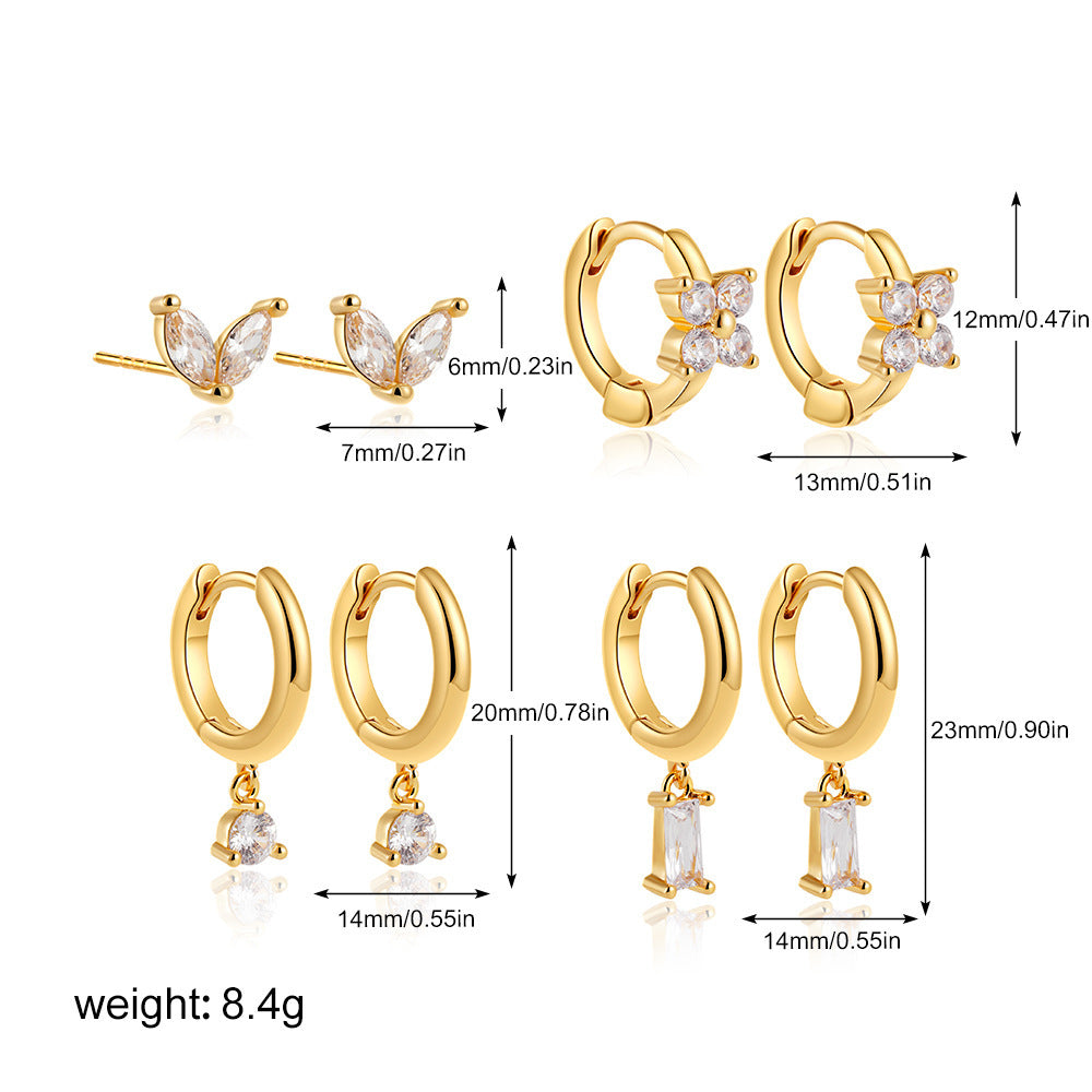 Copper Plating Zircon Geometric Square Four-piece Earrings