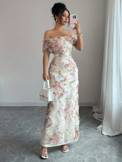Soft Romantic Floral Off-Shoulder Maxi Dress
