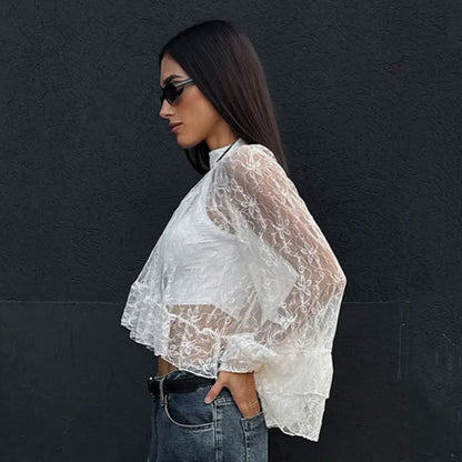 White Floral Lace High Neck Blouse