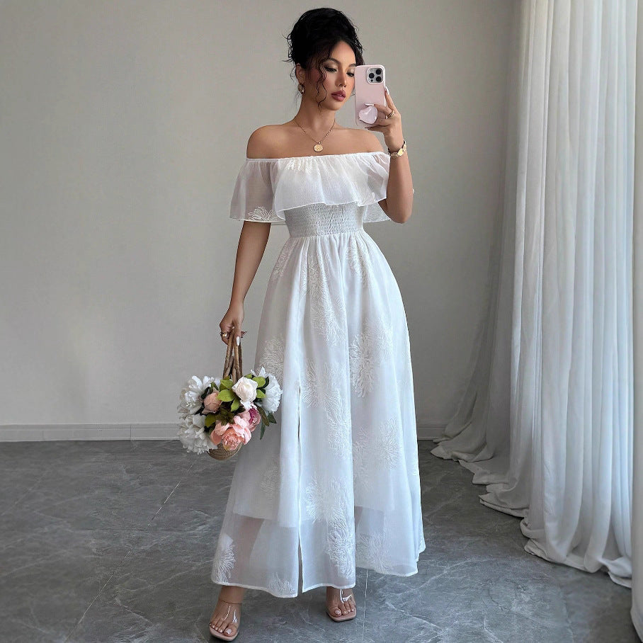 French Ruffled Off-Shoulder Maxi Dress - White