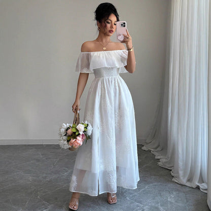 French Ruffled Off-Shoulder Maxi Dress - White