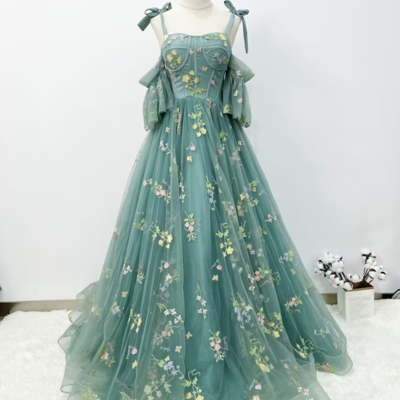 Green Floral Off-Shoulder A-Line Dress