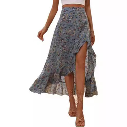 Floral Print Ruffle Slit Skirt