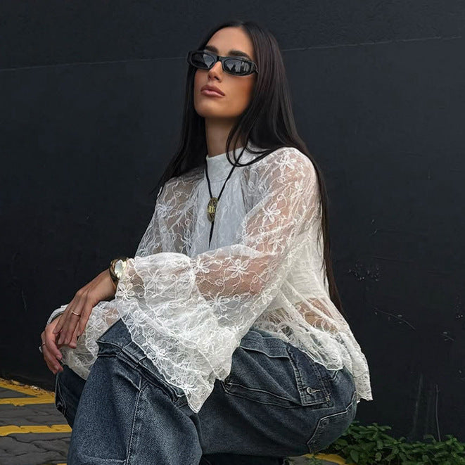 White Floral Lace High Neck Blouse